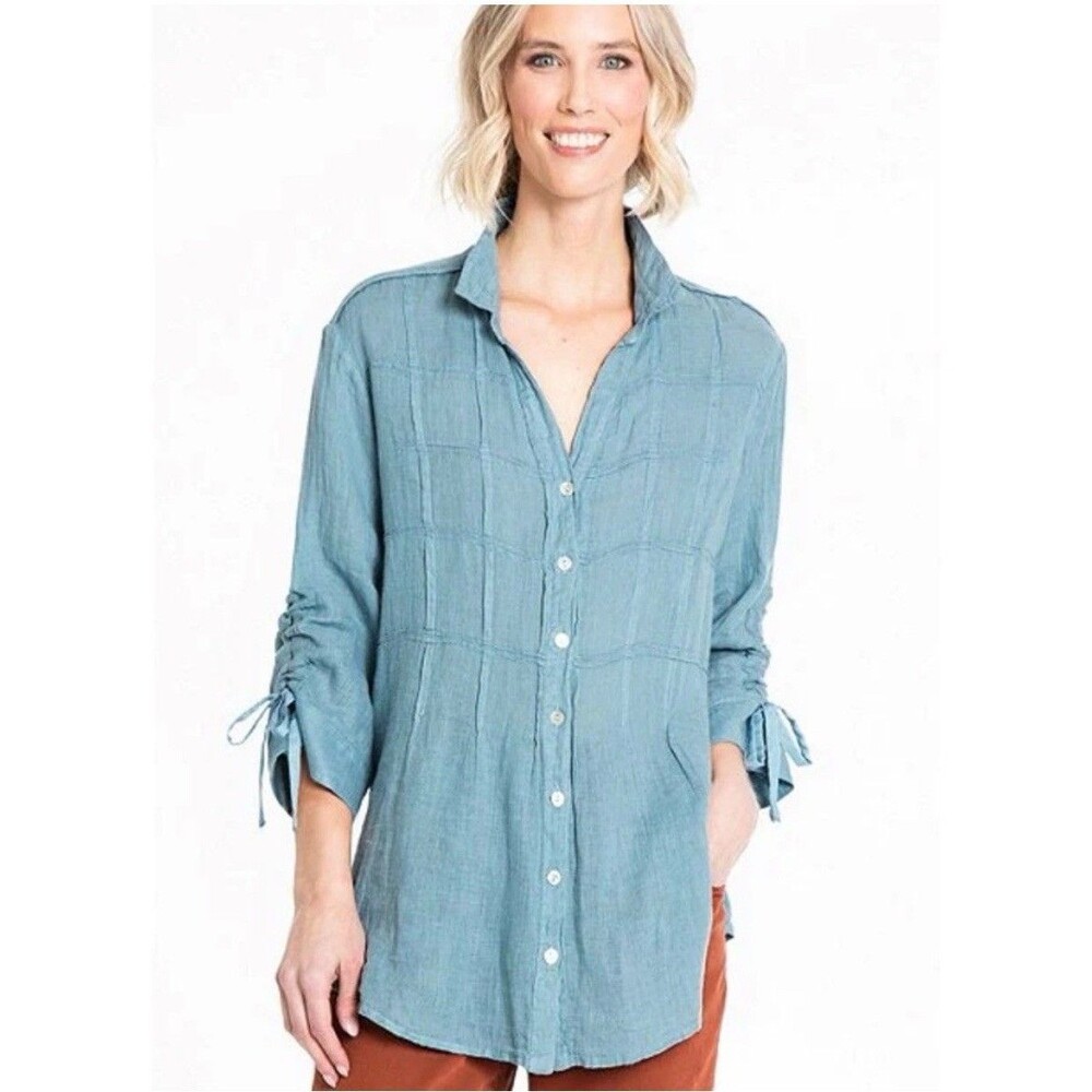 John Mark 3/4 Cinch Tie Sleeve Point Collar Pintuck Pleat Button Front Blouse XL